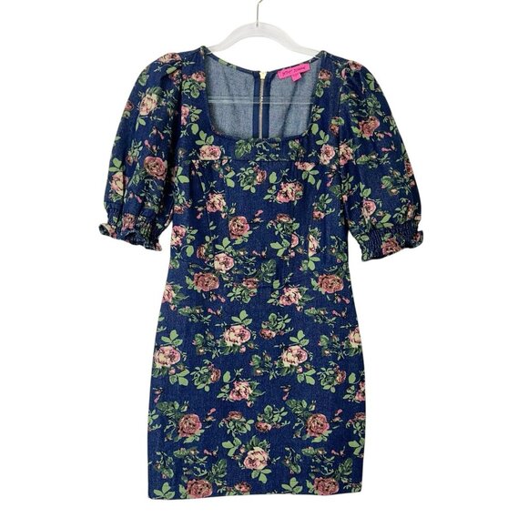Betsey Johnson Denim Floral Dress Women’s Size Small Puff Sleeves - Picture 1 of 10
